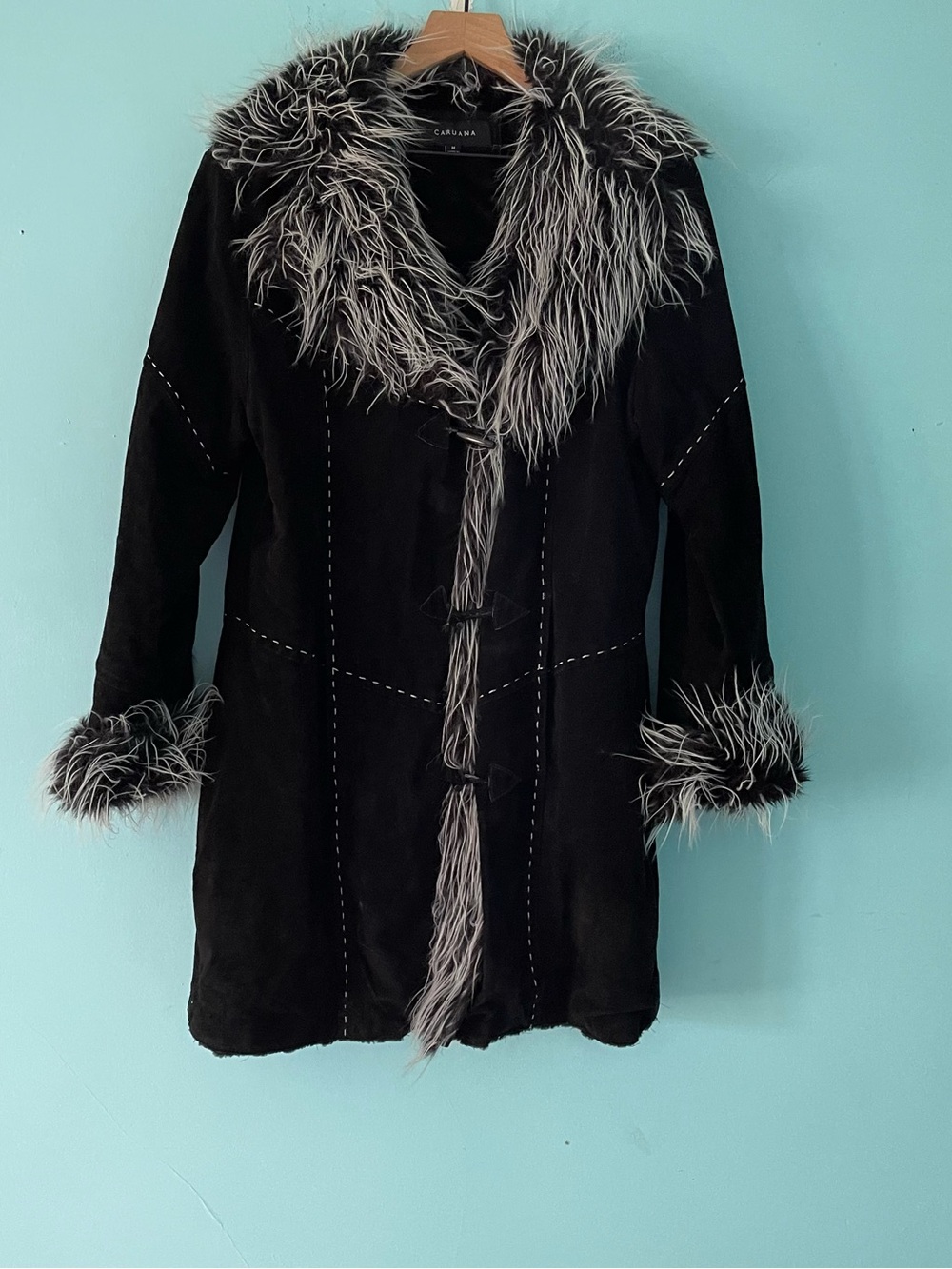 Caruana Vintage Leather Toggle Shaggy Faux Fur Jacket M Penny Lane Patchwork